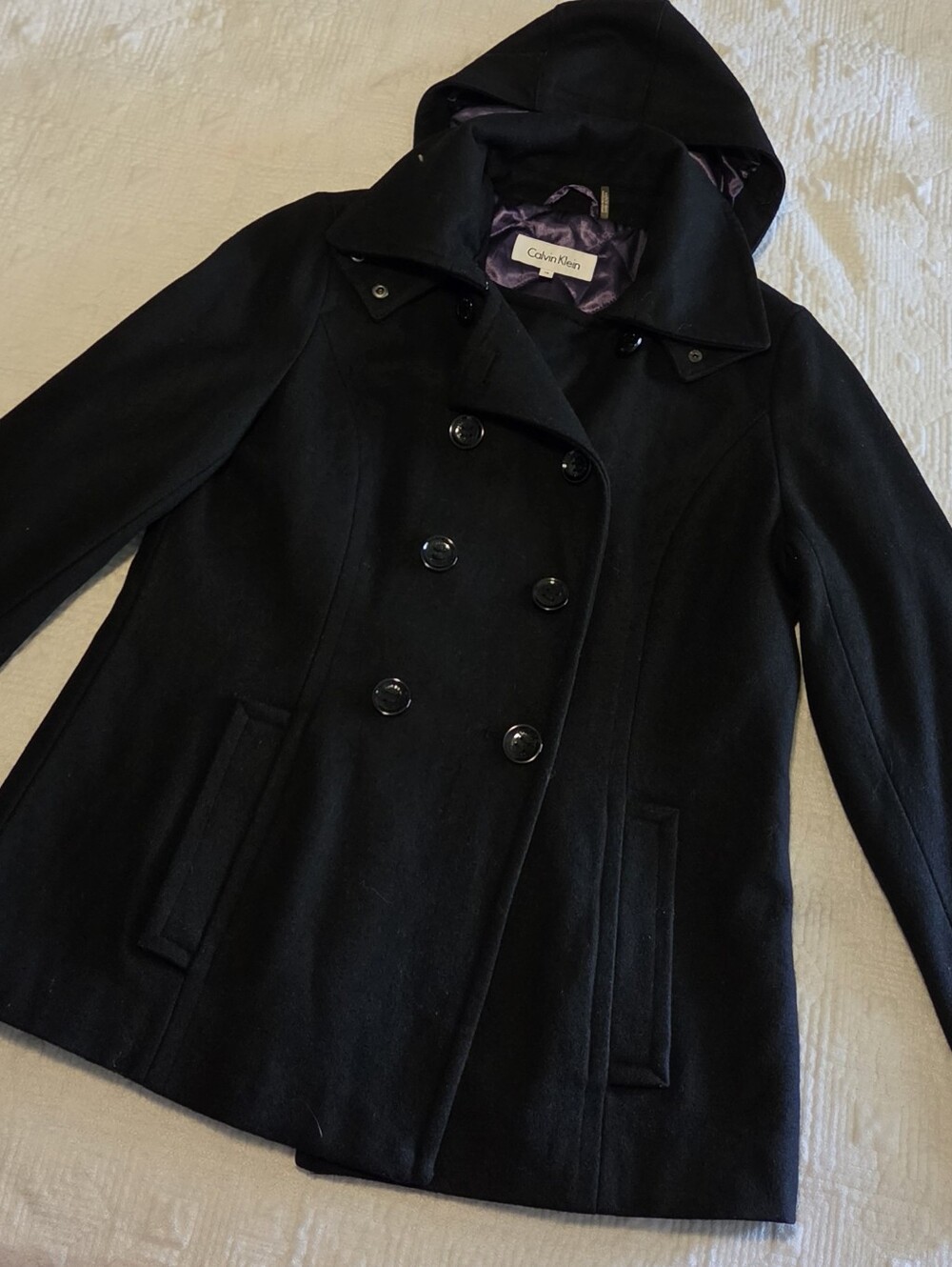 Calvin Klein Double-Breasted Hooded Peacoat, Quilted Purple Lining, Size 10